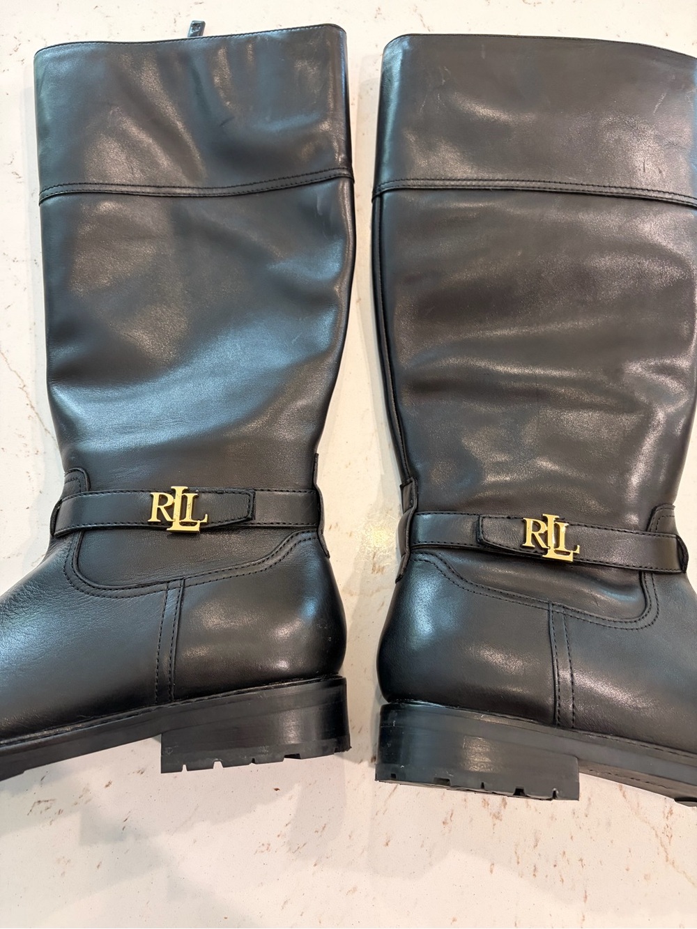 Lauren Ralph Lauren Black Leather Knee-High Boots with Gold RLL Emblem